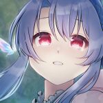  1girl blue_butterfly blue_hair blurry blurry_background blush braid bug butterfly commentary_request crown_braid glowing_butterfly hair_between_eyes highres ichimiyasakutto long_hair looking_at_viewer parted_lips portrait red_eyes sad sidelocks solo sorakado_ao summer_pockets tearing_up tears 