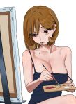  1girl black_camisole breasts brown_hair camisole canvas_(object) cigarette cleavage easel highres holding holding_paintbrush large_breasts original paint paintbrush painting_(action) red_eyes sekoshi_(some1else45) smoking solo some1else45 white_background 