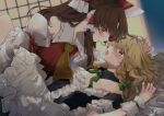  2girls after_kiss apron ascot blonde_hair blush bow braid brown_hair detached_sleeves frilled_bow frilled_hair_tubes frills green_ribbon hair_bow hair_tubes hakurei_reimu hand_on_another&#039;s_head kirisame_marisa long_hair lying meji_aniki multiple_girls on_back open_mouth red_bow red_eyes red_ribbon ribbon saliva saliva_trail shouji side_braid single_braid sliding_doors touhou waist_apron yellow_ascot yellow_eyes yuri 