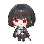  1girl black_coat black_hair black_pants bob_cut cigarette coat coat_on_shoulders collared_shirt full_body funnibunni highres limbus_company long_sleeves looking_at_viewer ootachi pants project_moon red_eyes ryoshu_(project_moon) shirt short_hair simple_background smoking solo standing white_background white_shirt 