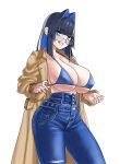  1girl absurdres baitoubaozou bikini black_hair blue_bikini blue_eyes blue_hair blue_pants blunt_bangs blunt_sidelocks blush breasts brown_coat cleavage coat colored_inner_hair commentary cowboy_shot denim ear_piercing glasses grin hair_intakes high-waist_pants highres hololive hololive_english jeans large_breasts long_hair long_sleeves looking_at_viewer multicolored_hair no_shirt official_alternate_costume official_alternate_hair_length official_alternate_hairstyle ouro_kronii ouro_kronii_(casual) pants piercing sidelocks simple_background smile solo swimsuit teeth torn_clothes torn_pants trench_coat virtual_youtuber white_background 