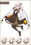  1girl :d :o ;q ahoge binchou_maguro black_dress black_pantyhose black_shoes blue_eyes blush border brown_border brown_gloves character_name closed_eyes closed_mouth collared_shirt commentary_request contrast_collar cookie dress food full_body gloves grey_hair hair_ornament hands_up high_heels highres holding holding_cookie holding_food jacket kizuna_akari long_hair long_sleeves looking_at_viewer multiple_expressions neck_ribbon one_eye_closed open_clothes open_jacket open_mouth pantyhose partially_fingerless_gloves ribbon shirt shoes simple_background smile star-shaped_cookie star-shaped_food star_(symbol) tongue tongue_out translated very_long_hair vocaloid voiceroid white_background white_jacket white_shirt 