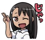  1girl 774_(nanashi) ;d black_hair brown_eyes collared_shirt ijiranaide_nagatoro-san long_hair looking_at_viewer lowres nagatoro_hayase one_eye_closed open_mouth salute shirt simple_background smile solo tan two-finger_salute upper_body white_background white_shirt 