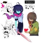  1girl 1other absurdres antenna_hair armor blood blue_hair blue_skin breastplate brown_hair colored_skin cowboy_shot cropped_legs deltarune four_weeks green_sweater heart highres holding holding_sword holding_weapon kris_(dark_world)_(deltarune) kris_(deltarune) multiple_views one_eye_covered other_focus pauldrons red_eyes shaded_face short_hair shoulder_armor simple_background soul_(deltarune) standing susie_(dark_world)_(deltarune) susie_(deltarune) sweater sword weapon white_background 