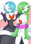 2016 blue_hair blush bound breasts clothed clothing collar duo female gardevoir green_hair hair hair_over_eye humanoid mega_evolution mega_gardevoir nintendo nipples open_mouth partially_clothed pok&eacute;mon pok&eacute;mon_(species) pussy pussy_juice red_eyes shiny_pok&eacute;mon slimysoap9 standing video_games white_skin 