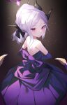  1girl absurdres ayu_(user_xkhp7843) back back_bow bare_shoulders black_horns blue_archive blush bow closed_mouth commentary_request demon_girl demon_horns demon_wings diamond-shaped_pupils diamond_(shape) dress elbow_gloves eyelashes feet_out_of_frame forehead from_behind gloves grey_hair hair_bow halo highres hina_(blue_archive) hina_(dress)_(blue_archive) horns jewelry long_dress looking_at_another looking_at_viewer multiple_horns necklace official_alternate_costume official_alternate_hairstyle parted_bangs pearl_necklace purple_bow purple_dress purple_eyes purple_halo sidelocks solo standing strapless strapless_dress symbol-shaped_pupils tsurime wings 