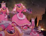  adeptus_astartes alternate_costume ammunition animal_print apron architecture armor armored_dress banner battle battle_standard bolter bow cat_print cathedral chumiicham city cityscape cloud cloudy_sky concrete cup dress drop_pod english_commentary enmaided explosion eyelashes food frilled_apron frilled_dress frilled_sleeves frills glass glowing glowing_eyes gold_trim gothic_architecture gun handgun heart heart_print highres holding holding_gun holding_tray holding_weapon holster maid maid_apron multicolored_armor omelet omurice outdoors outline paw_print pink_armor pink_bow pink_dress pink_eyes pink_ribbon power_armor ribbon rubble science_fiction shell_casing sky smoke space_maids_(chumiicham) tray tube urban waist_apron war_banner warhammer_40k weapon white_apron white_armor white_outline 