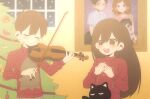  1boy 1girl antenna_hair black_eyes black_hair blush bow_(music) brother_and_sister cat christmas_tree closed_eyes closed_mouth double-parted_bangs highres holding holding_bow_(music) holding_instrument holding_violin indoors instrument long_hair long_sleeves looking_at_another mari_(faraway)_(omori) mari_(omori) mewo music my_loleeta omori open_mouth playing_instrument red_sweater ribbed_sweater short_hair siblings smile snowing sunny&#039;s_dad_(omori) sunny&#039;s_mom_(omori) sunny_(omori) sweater teeth upper_teeth_only violin window 