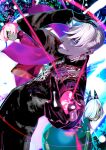  1girl 2boys :p black_gloves boy_vajra_(fate) colored_skin cowboy_shot earrings fate/grand_order fate_(series) game_cg girl_vajra_(fate) gloves glowing_tongue grey_skin hand_in_own_hair hand_on_own_head high_collar indra_(fate) jewelry long_sleeves looking_at_viewer male_focus multiple_boys official_art pako_(pakosun) short_hair solo_focus third-party_source tongue tongue_out white_hair 