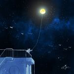  1other absurdres artist_name backpack bag blue_jacket building commentary fish flying_fish full_moon gloves hand_on_railing helmet highres jacket kazunoko_(kazunoko_zunoco) looking_up moon night night_sky on_railing original outdoors pull_string radio_antenna railing signature sky solo space_helmet standing star_(sky) starry_sky white_gloves 