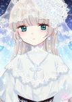  2017 aqua_eyes bangs blonde_hair blue_background blunt_bangs capelet closed_mouth cross cross_necklace dated earrings flower gosick gradient gradient_background green_eyes hair_flower hair_ornament harugamitsu hime_cut jewelry lace light_smile long_hair necklace older rose sidelocks signature solo straight_hair upper_body veil victorica_de_blois white_flower white_rose 