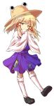  1girl alphes_(style) animal_print blonde_hair brown_hat brown_shoes closed_mouth commentary_request dairi frog_hat frog_print full_body hair_ribbon half-closed_eyes hat large_variant_set loafers long_hair long_sleeves looking_at_viewer moriya_suwako parody purple_skirt purple_vest red_ribbon ribbon shoes skirt skirt_set socks solo style_parody tachi-e touhou transparent_background tress_ribbon variant_set vest white_socks wide_sleeves yellow_eyes 