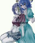  2girls black_ribbon black_skirt blue_dress blue_eyes blue_hair breasts chinese_clothes cleavage colored_skin curtained_hair dress full_body grey_skin hair_ornament hair_rings hair_stick hand_on_another&#039;s_shoulder hashtag-only_commentary highres jiangshi kaku_seiga lace-trimmed_sleeves lace_trim looking_at_another looking_at_viewer medium_breasts midriff miyako_yoshika multiple_girls navel neck_ribbon no_headwear ofuda open_clothes open_mouth open_vest parted_bangs purple_eyes purple_hair purple_shirt r_haned ribbon seiza shirt short_hair short_sleeves simple_background sitting skirt tangzhuang torn_clothes torn_shirt torn_skirt touhou vest white_background white_vest 