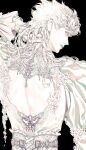  1boy back back_cutout backless_outfit black_background bug clothing_cutout commentary cross-laced_clothes earrings flower frilled_sleeves frills from_behind giorno_giovanna hand_in_own_hair hand_on_own_neck hashtag-only_commentary highres jewelry jojo_no_kimyou_na_bouken ladybug_ornament long_hair long_sleeves looking_at_viewer looking_back male_focus monochrome profile puffy_sleeves solo stud_earrings upper_body vento_aureo zhhy3324 