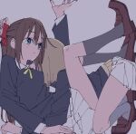  2girls against_wall black_jacket blue_eyes bow brown_hair collared_shirt commentary feet_against_wall grey_background hair_bow haruruhaharur jacket kneehighs kneeling knees_up legs_up loafers long_hair love_live! love_live!_nijigasaki_high_school_idol_club miniskirt multiple_girls nakasu_kasumi neck_ribbon nijigasaki_school_uniform osaka_shizuku pleated_skirt ribbon school_uniform shirt shoes short_hair sidelocks skirt socks white_skirt 