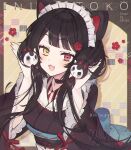  1girl :3 animal_ears animal_hair_ornament artist_name black_hair blush brown_background brown_kimono character_name commentary_request dog_ears dot_nose heterochromia inui_toko inui_toko_(1st_costume) japanese_clothes kimono looking_at_viewer maid_headdress nijisanji open_mouth red_eyes smile solo soriya upper_body virtual_youtuber watermark yellow_background yellow_eyes 