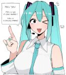  &gt;_o 1girl adapted_costume alternate_breast_size aqua_hair aqua_nails blue_hair blue_necktie breasts character_name collared_shirt detached_sleeves english_text fang hair_between_eyes hand_up hatsune_miku headset highres index_finger_raised large_breasts lecturing light_blush long_hair looking_at_viewer microphone nail_polish necktie notice_lines ohasi one_eye_closed open_mouth shirt skin_fang sleeveless sleeveless_shirt smile solo speech_bubble twintails upper_body very_long_hair vocaloid white_shirt white_sleeves 