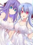  2girls absurdres alternate_costume bare_shoulders black_bow blue_eyes blue_hair blunt_ends blush bow breasts cleavage closed_mouth commentary_request cowboy_shot dress dress_ribbon dutch_angle eyes_visible_through_hair hair_between_eyes hair_bow hair_ribbon hand_up happy highres large_breasts light_particles long_hair looking_at_viewer multiple_girls open_mouth pink_ribbon purple_hair red_eyes red_ribbon ribbon siblings side-by-side sidelocks signature simple_background sisters sleeveless sleeveless_dress smile sorakado_ai sorakado_ao split_mouth summer_pockets sundress twins ura_(ura-tennislove) very_long_hair white_background white_dress 