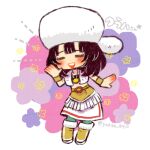 1girl aqua_leggings black_hair black_tube_top blunt_bangs boots bracelet chibi closed_eyes commentary_request dragon_quest dragon_quest_x flower fringe_trim fur_boots fur_hat fur_vest hat iyakika jewelry kuraha_(dq10) lowres medium_hair necklace open_mouth skirt smile solo strapless tube_top vest white_skirt white_vest 