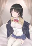  absurdres bangs black_hair blazer bra clothes_lift hair_ornament hairclip highres jacket jpeg_artifacts long_hair mitsudoue nijisanji school_uniform skirt solo sweater sweater_lift thighhighs translucent_shirt tsukino_mito underwear undressing virtual_youtuber white_legwear 