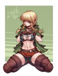  black_bra blonde_hair blue_eyes boots bra braid breasts brown_gloves cameltoe cleavage commentary gloves highres karosu_maker linkle looking_at_viewer medium_breasts pointy_ears shirt_lift shorts smile solo spread_legs the_legend_of_zelda thigh_boots thighhighs toned twin_braids underwear zelda_musou 
