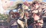  ass blonde_hair braid breasts cleavage closed_mouth collarbone commentary_request eyebrows_visible_through_hair highres long_hair looking_at_viewer mask mask_on_head medium_breasts monster_hunter monster_hunter:_world multiple_girls navel nergigante_(armor) odogaron_(armor) red_eyes smile thighhighs very_long_hair zi-dabu 
