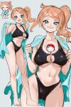 1girl aqua_eyes bare_shoulders bikini black_bikini blush breasts cleavage closed_eyes collarbone green_eyes hair_ornament heart heart_hair_ornament highres large_breasts long_hair looking_at_viewer navel open_mouth orange_hair poke_ball poke_ball_(basic) pokemon pokemon_swsh side_ponytail simple_background smile solo sonia_(pokemon) stomach sukoyaka_tsukasa swept_bangs swimsuit teeth towel underboob 