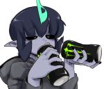  5_fingers black_hair black_sclera clothed clothing docu_(doppel) doppel drinking fully_clothed green_eyes grey_skin hair hoodie humanoid male monster_boy monster_energy not_furry pointy_ears solo teal_eyes 