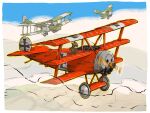  2boys above_clouds aircraft aircraft_turret airplane biplane blue_sky cat_boy cloud fokker_dr.i furry gun highres machine_gun military_vehicle multiple_boys original painting_(medium) propeller_fighter sky traditional_media watercolor_(medium) weapon wheel yabarn 