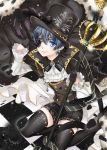  1boy bent_knees black_gloves black_handwear body_piercing ciel_phantomhive crown earrings eyepatch feather gloves hat holding_object jewelry kneeling kuroshitsuji looking_at_viewer male_focus short_hair smile solo 