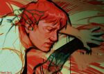  1boy 1other artist_name black_eyes blank_stare blood blood_from_forehead clenched_teeth commentary english_commentary leaning_to_the_side limited_palette male_focus markkrpg nosebleed out_of_frame outstretched_hand reaching reaching_towards_another red_hair seong_gi-hun short_hair smeared_blood spread_fingers squid_game teeth 
