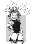  anthro blush bulge clothed clothing dialogue dickgirl english_text greyscale hyper hyper_penis intersex lagomorph mammal monochrome open_mouth penis pwcsponson rabbit solo standing text vein 