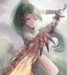  dress earrings fighting_stance fingerless_gloves fire_emblem fire_emblem:_rekka_no_ken gloves green_eyes green_hair high_ponytail holding holding_weapon jewelry leonmandala long_hair looking_at_viewer lyndis_(fire_emblem) monster_hunter ponytail slashing solo standing weapon 