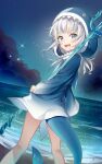  1girl :d animal_hood blue_eyes blue_hair blue_hoodie commentary feet_out_of_frame fins fish_tail from_behind gawr_gura gawr_gura_(1st_costume) grey_hair highres holding holding_polearm holding_weapon hololive hololive_english hood hood_up hoodie kneepits long_hair long_sleeves looking_at_viewer looking_back multicolored_hair night night_sky outdoors polearm rimuu shark_hood shark_tail sharp_teeth sky smile solo standing star_(sky) starry_sky streaked_hair symbol-only_commentary tail teeth trident virtual_youtuber water weapon 