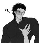  1boy ? beard_stubble black_hair black_shirt collared_shirt facial_hair greyscale hand_on_another&#039;s_chest heterochromia highres lookism medium_hair messy_hair monochrome muscular muscular_male mustache_stubble scar scar_across_eye scar_on_face shirt simple_background solo stubble taesoo_ma unbuttoned unbuttoned_shirt white_background xinlizhou8 