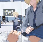  1boy 1girl animal_ear_fluff animal_ears blonde_hair blue_archive blue_eyes blue_halo breasts computer computer_keyboard computer_mouse dog_ears dog_girl extra_ears hair_over_one_eye halo kanna_(blue_archive) large_breasts long_hair long_sleeves lonklink message_board monitor notched_ear pov sharp_teeth shirt teeth 