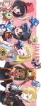  2girls 3boys :d absurdres alolan_raichu arms_up backpack bag beanie black_hair black_shirt blonde_hair character_doll commentary cosmoem dark-skinned_male dark_skin doll elio_(pokemon) eyelashes gladion_(pokemon) green_eyes green_hair grey_eyes grin happy hat hau_(pokemon) highres holding holding_doll hood hood_down hooded_vest hoodie komala lillie_(pokemon) litten looking_up lunala mugiccha2 multiple_boys multiple_girls open_mouth pink_bag pokemon pokemon_sm popplio rowlet selene_(pokemon) shirt short_sleeves silvally smile solgaleo striped_clothes striped_shirt teeth type:_null upper_teeth_only vest white_shirt 