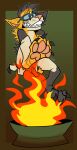 andromorph anthro burning butt_on_fire clenched_teeth digital_media_(artwork) eyewear eyewear_only fatalsyndrome felid feline fire glasses glasses_only hand_on_butt intersex mammal nude pain solo teeth trans_(lore) trans_man_(lore) wearing_glasses