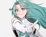  1girl aqua_eyes aqua_hair closed_mouth clover commentary elbow_gloves english_commentary gloves grey_background highres ink_(inkypyon) long_hair looking_at_viewer lucky_cyan_(to_be_hero_x) shirt simple_background sleeveless sleeveless_shirt smile solo to_be_hero to_be_hero_x twitter_username upper_body white_gloves white_shirt wind 