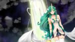  1girl animal_ears armlet braco breasts choker cloud clouds cloudy_sky commentary dress elbow_gloves gloves green_eyes green_hair highres horn horns league_of_legends long_hair looking_at_viewer magical_girl medium_breasts night parted_lips sky solo soraka staff star_(sky) star_guardian_soraka starry_sky stars thighhighs very_long_hair wand white_gloves white_legwear wings zettai_ryouiki 