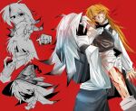  2girls 3rdeye_suki ? black_eyes black_skin black_vest blonde_hair blood blood_from_eyes blood_from_mouth blood_on_face blood_on_leg blood_on_neck bow braid buttons clenched_teeth collared_shirt colored_skin colored_tips commentary dress dual_persona greyscale grin hair_between_eyes hair_bow half-closed_eye hand_in_pocket hand_on_another&#039;s_arm hat hat_bow hatching_(texture) highres injury kirisame_marisa lifting_person long_hair long_sleeves looking_at_another monochrome motion_lines multicolored_hair multiple_girls multiple_views no_mouth no_nose nosebleed one_eye_closed open_mouth pointing pointing_at_self pointy_hair raised_eyebrow red_background red_pupils shaded_face sharp_teeth shirt side_braid simple_background single_braid smile socks spoken_character strangling teeth touhou touhou_igyoukyo upper_body variant_marisa vest white_hair white_socks witch_hat yellow_eyes 
