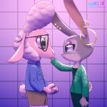  2018 anthro caprine clasped_hands clothed clothing dawn_bellwether disney duo ear_piercing eye_contact eyeshadow eyewear fanartiguess female glasses green_eyes hand_on_cheek judy_hopps lagomorph lens_flare makeup mammal mascara piercing purple_eyes rabbit sheep side_view wool zootopia 