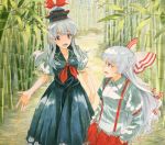  bamboo bamboo_forest blue_hair bow dress eye_contact forest fujiwara_no_mokou hair_bow hands_in_pockets hat kamishirasawa_keine long_hair looking_at_another looking_to_the_side marker_(medium) multiple_girls nature open_mouth outdoors pants path red_eyes road shiratama_(hockey) short_sleeves silver_hair suspenders talking touhou traditional_media 