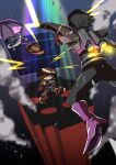  1boy 1other amputee armor battle battle_damage black_hair black_pants black_shoes boots broken_wires brown_boots brown_hair cellphone cowboy_hat damaged electricity frisk_(undertale) hat holding holding_phone houten_(dre_a_mer) indoors jetpack joints lightning_bolt_symbol mettaton mettaton_(box) mettaton_ex midair monitor one_eye_closed pants phone pink_boots purple_shirt robot_boy robot_joints shirt shoes shoulder_armor smoke sparkling_eyes strobe_lights umbrella undertale wire 