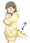  !? 1girl arrow_(symbol) blush blush_stickers bow braid brown_hair center-flap_bangs character_doll commentary_request cowboy_shot dinosaur_tail doll fake_tail hair_bow highres hood hoodie hugging_doll hugging_object kachimachi_kosuzu link!_like!_love_live! love_live! namazakana_kuenai nesoberi official_alternate_costume pink_eyes shorts side_ahoge side_braids sleepwear solo standing tail virtual_youtuber yellow_bow yellow_hoodie yellow_shorts 