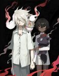  2boys aged_down arjuna_(fate) black_background black_hair blue_eyes brown_eyes chest_jewel child collared_shirt cowboy_shot crossover dark-skinned_male dark_skin dirty dirty_clothes dirty_face earrings eyeshadow eyeshadow_under_eye fate/grand_order fate_(series) hair_between_eyes highres hisuian_zorua holding holding_hands holding_pokemon iiaknekust jewelry karna_(fate) makeup male_focus multiple_boys on_shoulder pale_skin pokemon pokemon_(creature) pokemon_on_shoulder red_eyeshadow scar scar_on_neck shirt shorts white_hair white_shirt zorua 