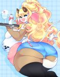  2018 absurd_res anthro beverage big_breasts big_butt blonde_hair blue_eyes bovine breasts butt cattle cherrikissu clothed clothing digital_media_(artwork) female hair hi_res holding_object horn huge_breasts long_hair looking_at_viewer mammal milk smile solo teats thick_thighs udders 
