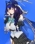 1girl absurdres black_skirt black_sleeves blue_background blue_bow blue_cape blue_eyes blue_hair bow breasts cape chain chain_headband closed_mouth clothing_cutout detached_sleeves grey_halo hair_intakes hair_ribbon halo heart-shaped_gem highres hololive hololive_english knowname large_breasts official_alternate_hairstyle ouro_kronii ouro_kronii_(1st_costume) ribbon shirt skirt solo underboob underboob_cutout veil virtual_youtuber white_ribbon white_shirt 