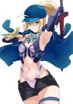  ahoge armpits artoria_pendragon_(all) bad_id bad_pixiv_id bangs bare_shoulders baseball_cap black_gloves black_shorts blonde_hair blue_hat blue_jacket breasts covered_nipples dual_wielding elbow_gloves eyebrows_visible_through_hair fate/extella fate/extra fate/grand_order fate_(series) fingerless_gloves fingernails gloves green_eyes hair_between_eyes hair_through_headwear hat himitsucalibur holding holding_sword holding_weapon jacket jacket_on_shoulders jirusu leotard long_hair medium_breasts mysterious_heroine_x navel rojiura_satsuki:_chapter_heroine_sanctuary short_shorts shorts sidelocks simple_background solo sword track_jacket weapon white_background 