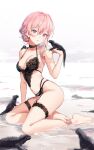  1girl animal animal_request bare_arms bare_shoulders barefoot black_bra black_panties blue_hair bra breasts cleavage commentary flower hair_between_eyes hair_flower hair_ornament hair_over_shoulder hand_up highres long_hair looking_at_viewer low_ponytail medium_breasts multicolored_hair navel original panties pink_flower pink_hair ponytail purple_eyes rimuu shallow_water skindentation soles solo streaked_hair symbol-only_commentary underwear water 
